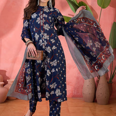 Women Blue Printed Pure Cotton Kurta Trousers & Dupatta
