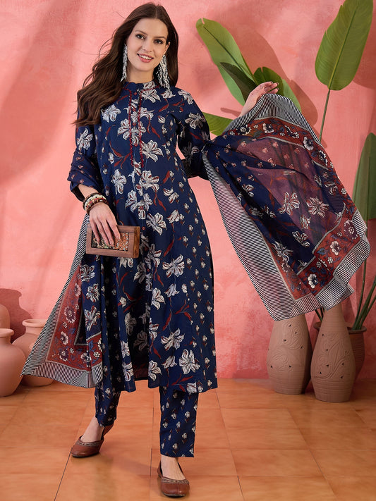 Women Blue Color Printed A-line Kurta Trousers With Dupatta Set