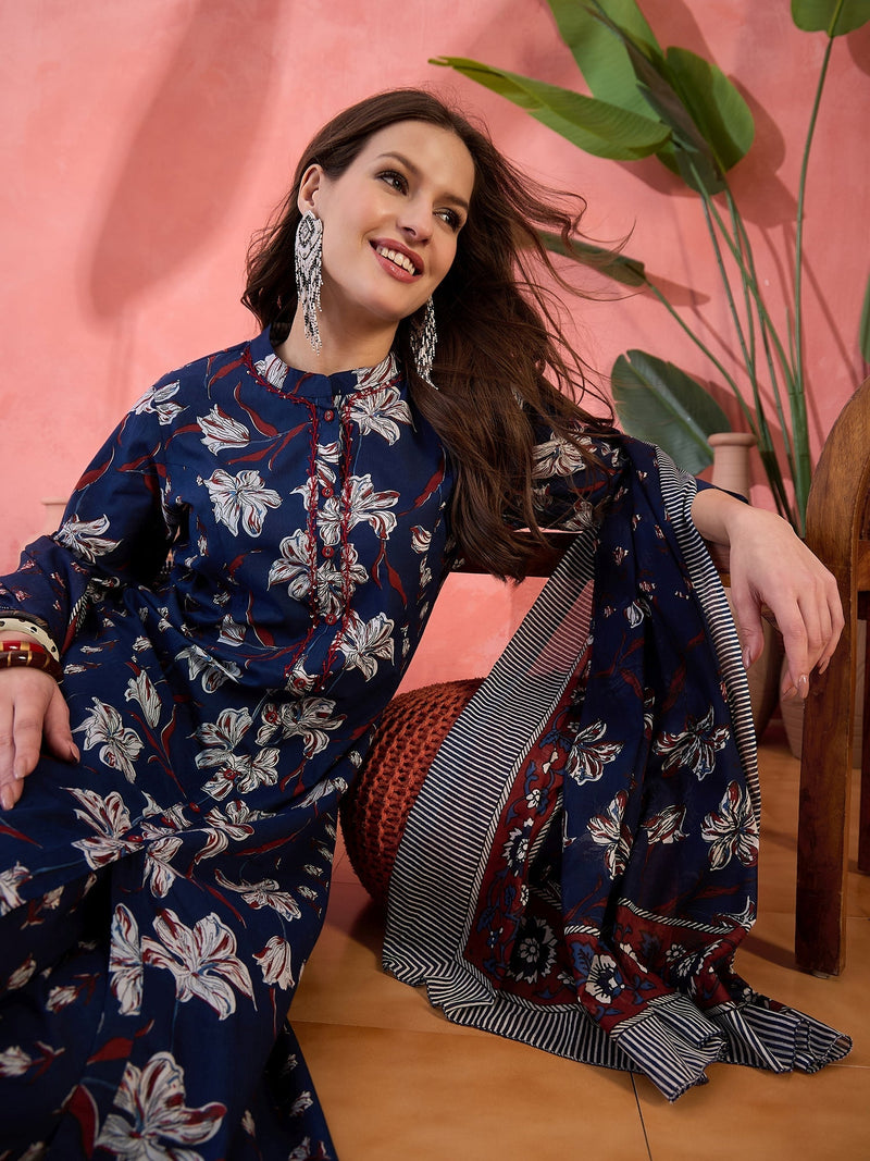 Women Blue Printed Pure Cotton Kurta Trousers & Dupatta