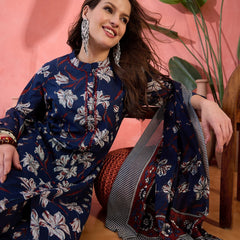 Women Blue Printed Pure Cotton Kurta Trousers & Dupatta