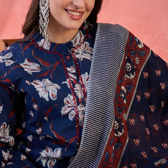 Women Blue Printed Pure Cotton Kurta Trousers & Dupatta