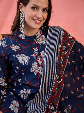 Women Blue Color Printed A-line Kurta Trousers With Dupatta Set