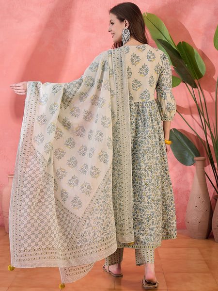 Women Beige Printed Pure Cotton Kurta Trousers & Dupatta