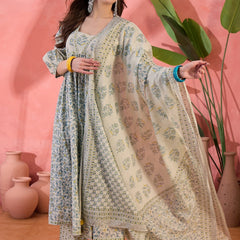 Women Beige Printed Pure Cotton Kurta Trousers & Dupatta