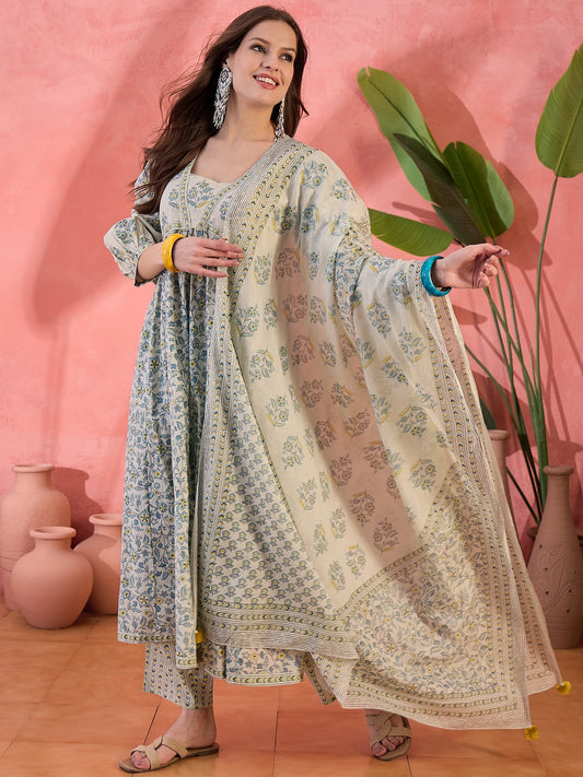 Women Grey Color Printed Anarkali Kurta Trousers With Dupatta Set