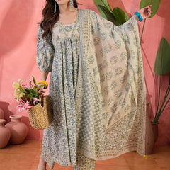 Women Beige Printed Pure Cotton Kurta Trousers & Dupatta