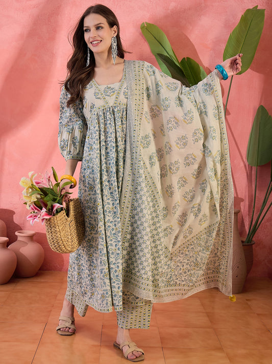 Women Grey Color Printed Anarkali Kurta Trousers With Dupatta Set