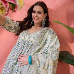 Women Beige Printed Pure Cotton Kurta Trousers & Dupatta