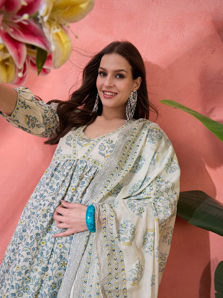 Women Beige Printed Pure Cotton Kurta Trousers & Dupatta