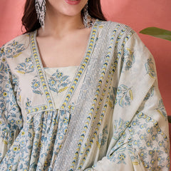 Women Beige Printed Pure Cotton Kurta Trousers & Dupatta
