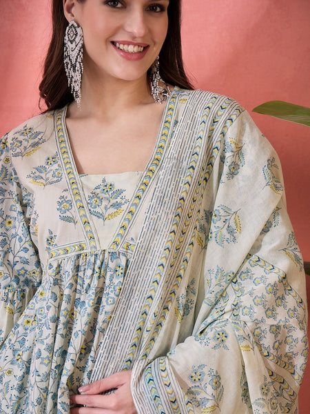 Women Beige Printed Pure Cotton Kurta Trousers & Dupatta