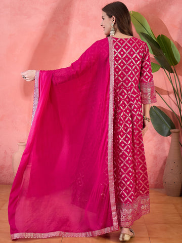 Women Pink Color Embroidery Anarkali Kurta Trousers With Dupatta Set