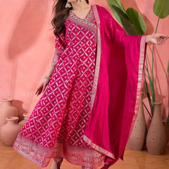 Women Pink Color Embroidered Kurta Trousers & Dupatta