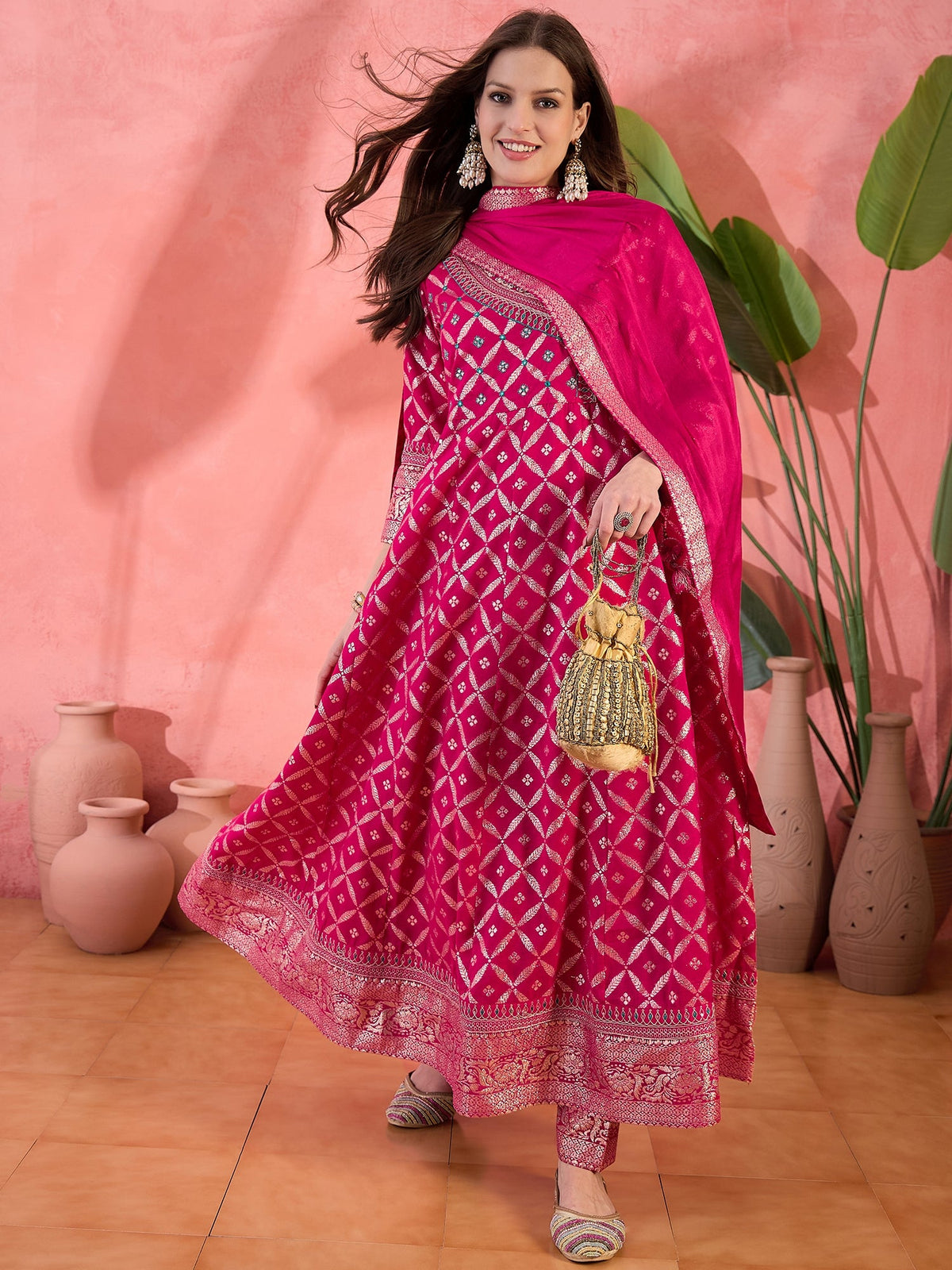 Women Pink Color Embroidery Anarkali Kurta Trousers With Dupatta Set