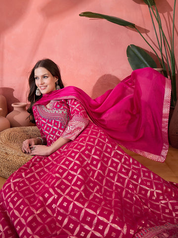 Women Pink Color Embroidery Anarkali Kurta Trousers With Dupatta Set