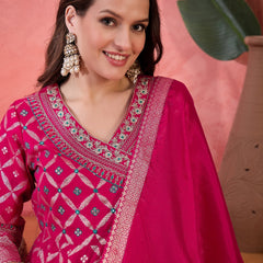 Women Pink Color Embroidered Kurta Trousers & Dupatta
