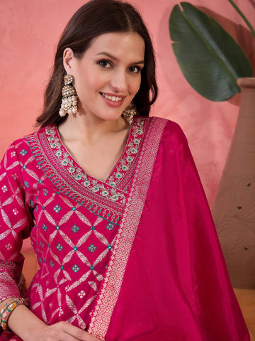 Women Pink Color Embroidery Anarkali Kurta Trousers With Dupatta Set