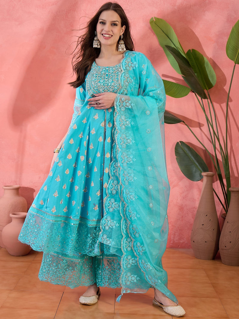 Women Turquoies Blue Embroidery Anarkali Kurta Sharara Set With Dupatta in Turquoise Blue