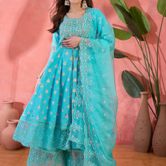 Women Turquoies Blue Embroidery Anarkali Kurta Sharara Set With Dupatta in Turquoise Blue