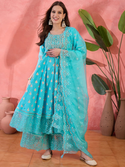 Women Turquoies Blue Embroidery Anarkali Kurta Sharara Set With Dupatta in Turquoise Blue