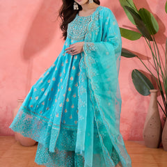Women Turquoies Blue Embroidery Anarkali Kurta Sharara Set With Dupatta in Turquoise Blue