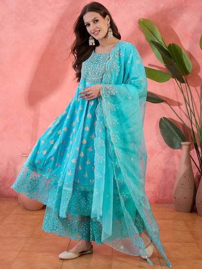 Women Turquoies Blue Embroidery Anarkali Kurta Sharara Set With Dupatta in Turquoise Blue
