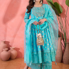 Women Turquoies Blue Embroidery Anarkali Kurta Sharara Set With Dupatta in Turquoise Blue