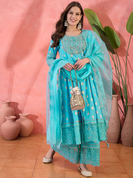Women Turquoies Blue Embroidery Anarkali Kurta Sharara Set With Dupatta in Turquoise Blue