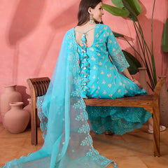 Women Turquoies Blue Embroidery Anarkali Kurta Sharara Set With Dupatta in Turquoise Blue