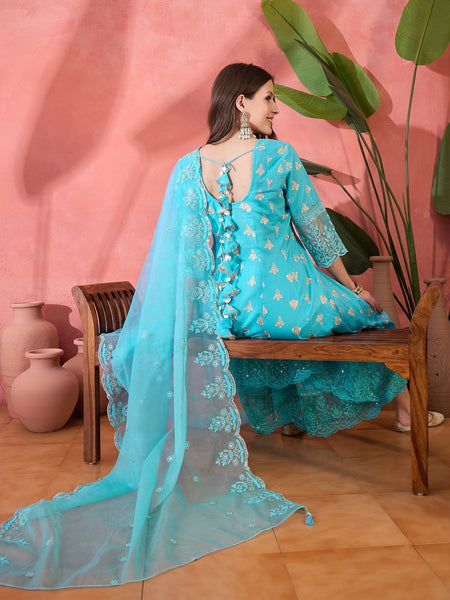 Women Turquoies Blue Embroidery Anarkali Kurta Sharara Set With Dupatta in Turquoise Blue