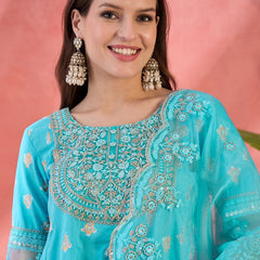 Women Turquoies Blue Embroidery Anarkali Kurta Sharara Set With Dupatta in Turquoise Blue