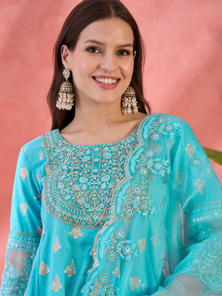 Women Turquoies Blue Embroidery Anarkali Kurta Sharara Set With Dupatta in Turquoise Blue
