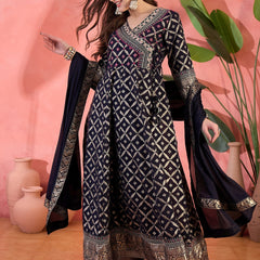Women Blue Color Embroidered Kurta Trousers & Dupatta