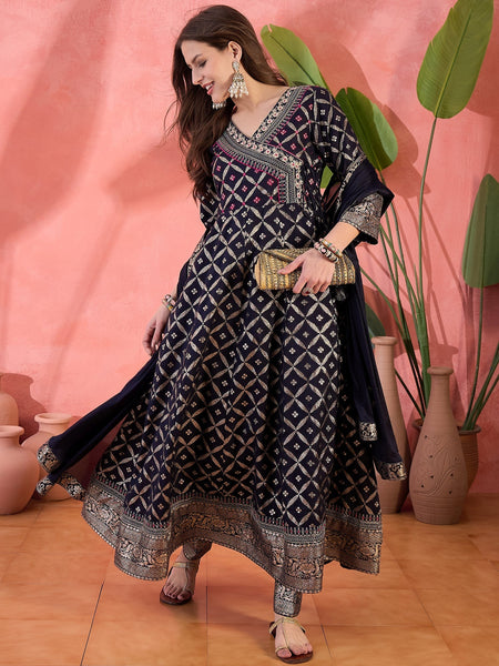 Women Blue Color Embroidered Kurta Trousers & Dupatta