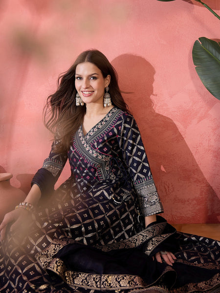 Women Blue Color Embroidered Kurta Trousers & Dupatta