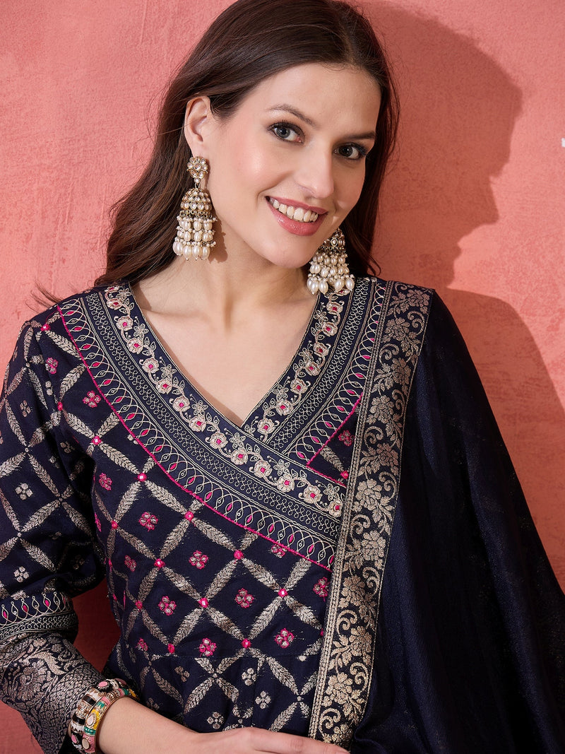 Women Blue Color Embroidered Kurta Trousers & Dupatta