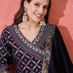 Women Blue Color Embroidered Kurta Trousers & Dupatta