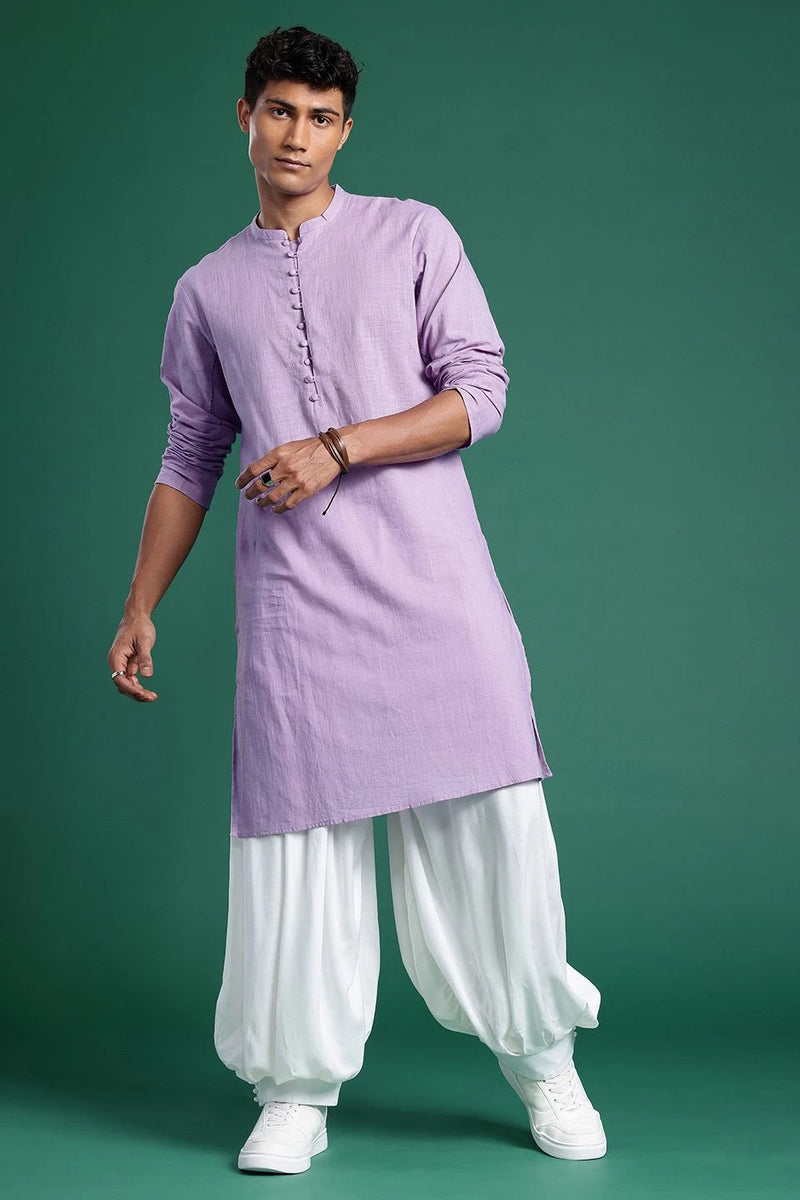 men purple cotton straight kurta front view
