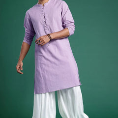 men purple cotton straight kurta front view
