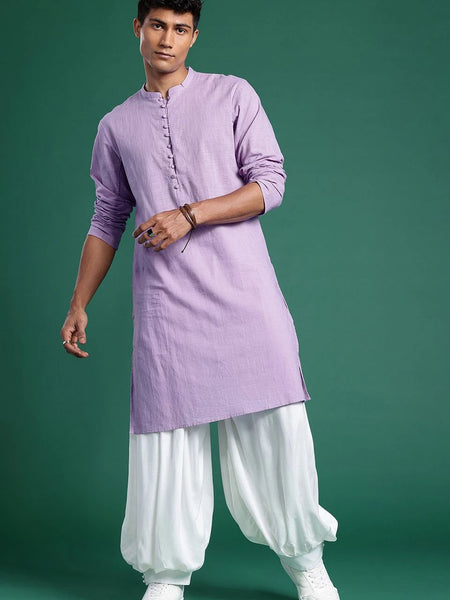 men purple cotton straight kurta front view
