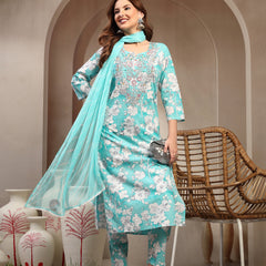 Women Turquoise Blue Pure Cotton Kurta Sets