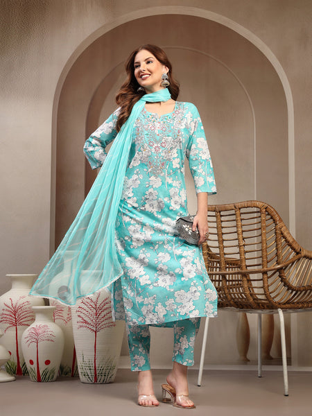 Women Turquoise Blue Pure Cotton Kurta Sets