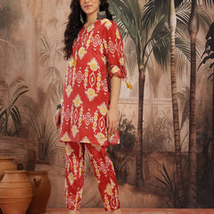 Women Rust Printed Chinnon Kurta with Palazzos