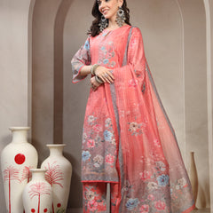 Women Peach Floral Printed Pure Cotton Round Neck Kurta & Trousers With Dupatta