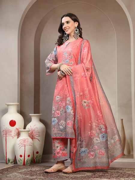 Women Peach Floral Printed Pure Cotton Round Neck Kurta & Trousers With Dupatta