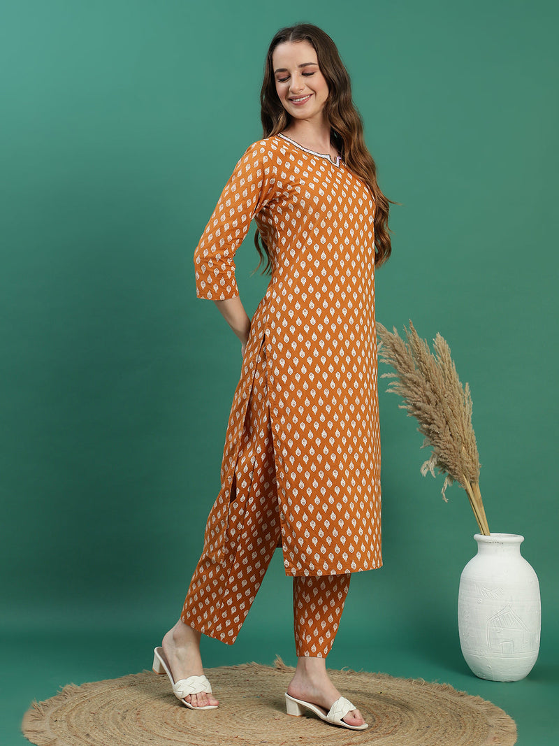 Women Mustard Cotton Embroidered & Printed Straight Kurta Set