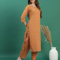 Women Mustard Cotton Embroidered & Printed Straight Kurta Set