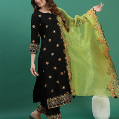 Women Black Embroidered Straight Kurta Set