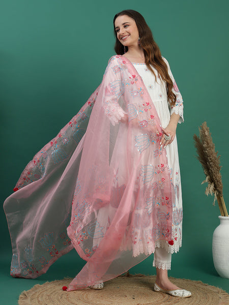 Women White Floral Embroidered Sequined Anarkali Cotton Kurta With Trousers & Dupatta