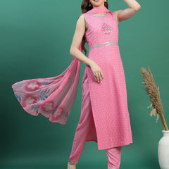 Women Pink Embroidered Sleeveless Straight Kurta Set